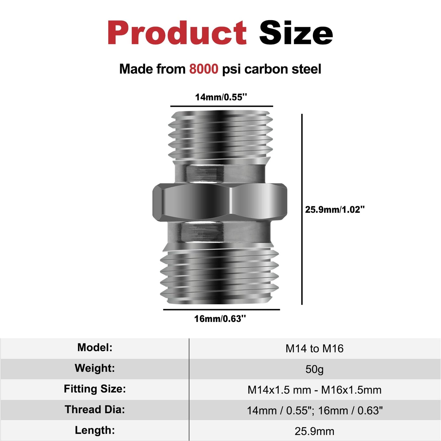 2Pcs M14 to M16 Carbon Stee Fittings Adapters for Mini Excavator Hydraulic Hose Pipe Thread Connector Compatible with AGT、FF Industries、VICSEC、Miva、Machpro、TPM