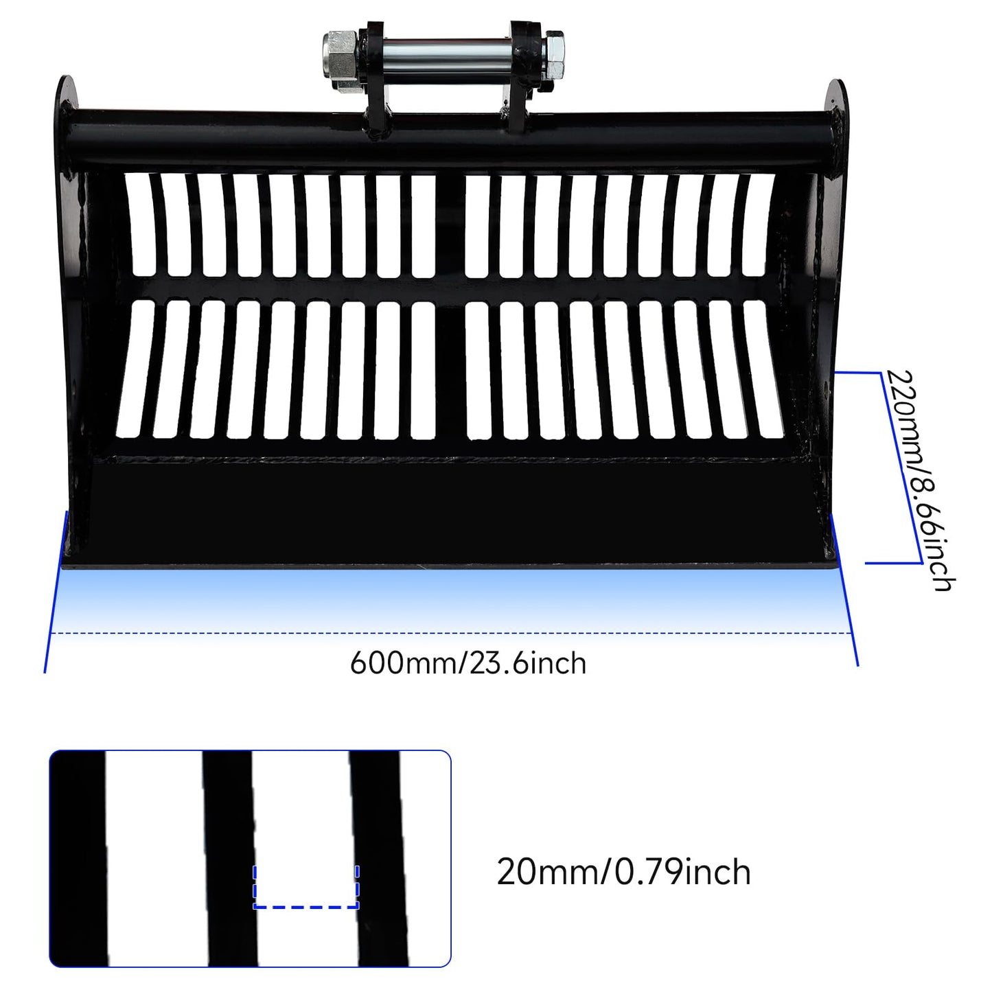 Mini Excavator Screening Bucket, Excavator Attachments Soil Sieving Buckets 23.6inch/600mm for Small Digger, Filtration w/Pins Skeleton Screen Bucket Filtering and Sorting Materials