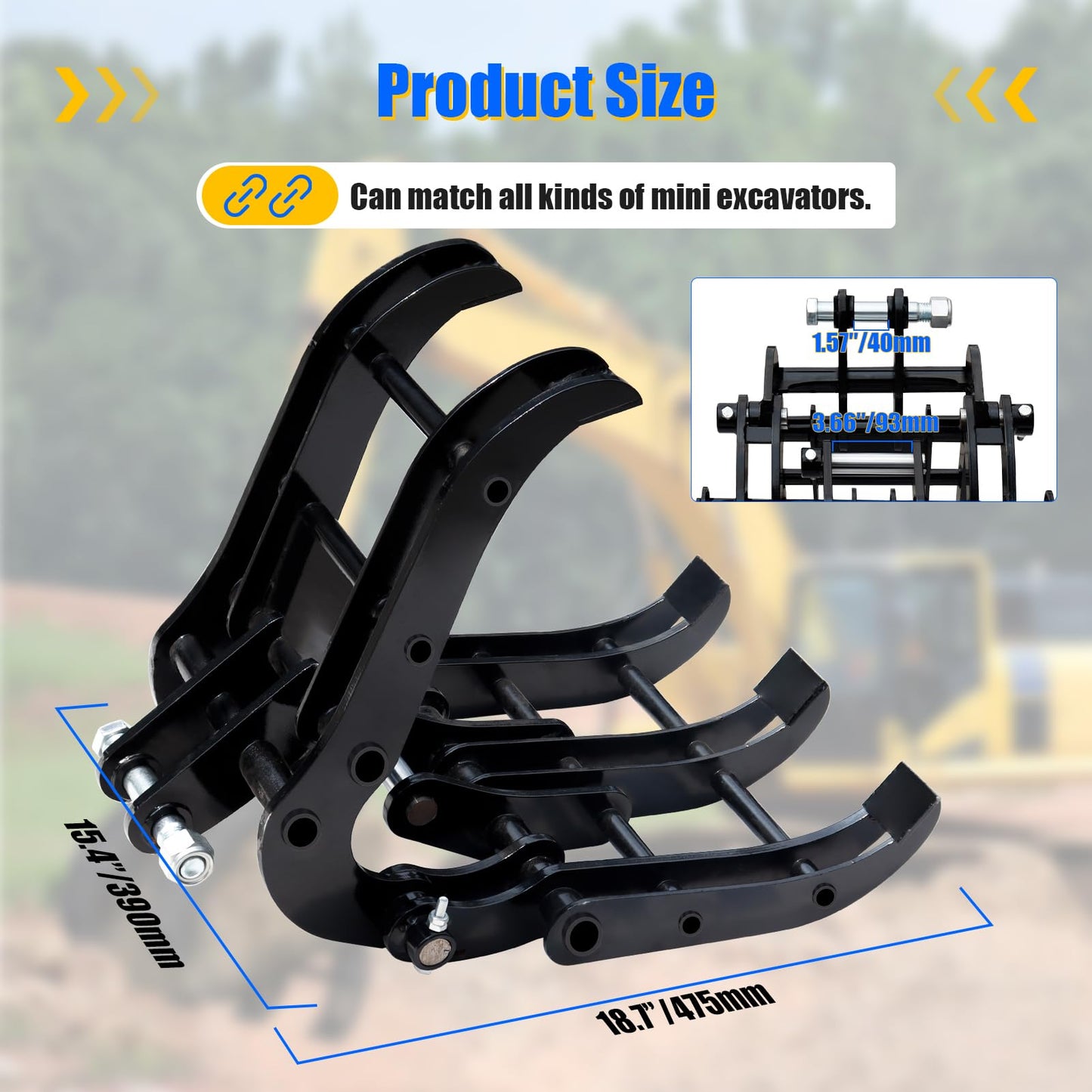 Mini Excavator Grabber Attachments, Small Excavator Wood Grabber Grapple, Metal Gripper Digger Accessories, Span: 90MM/3.54in, Hole Diameter: 25MM/0.98in, Center Wheelbase: 90MM/3.54in