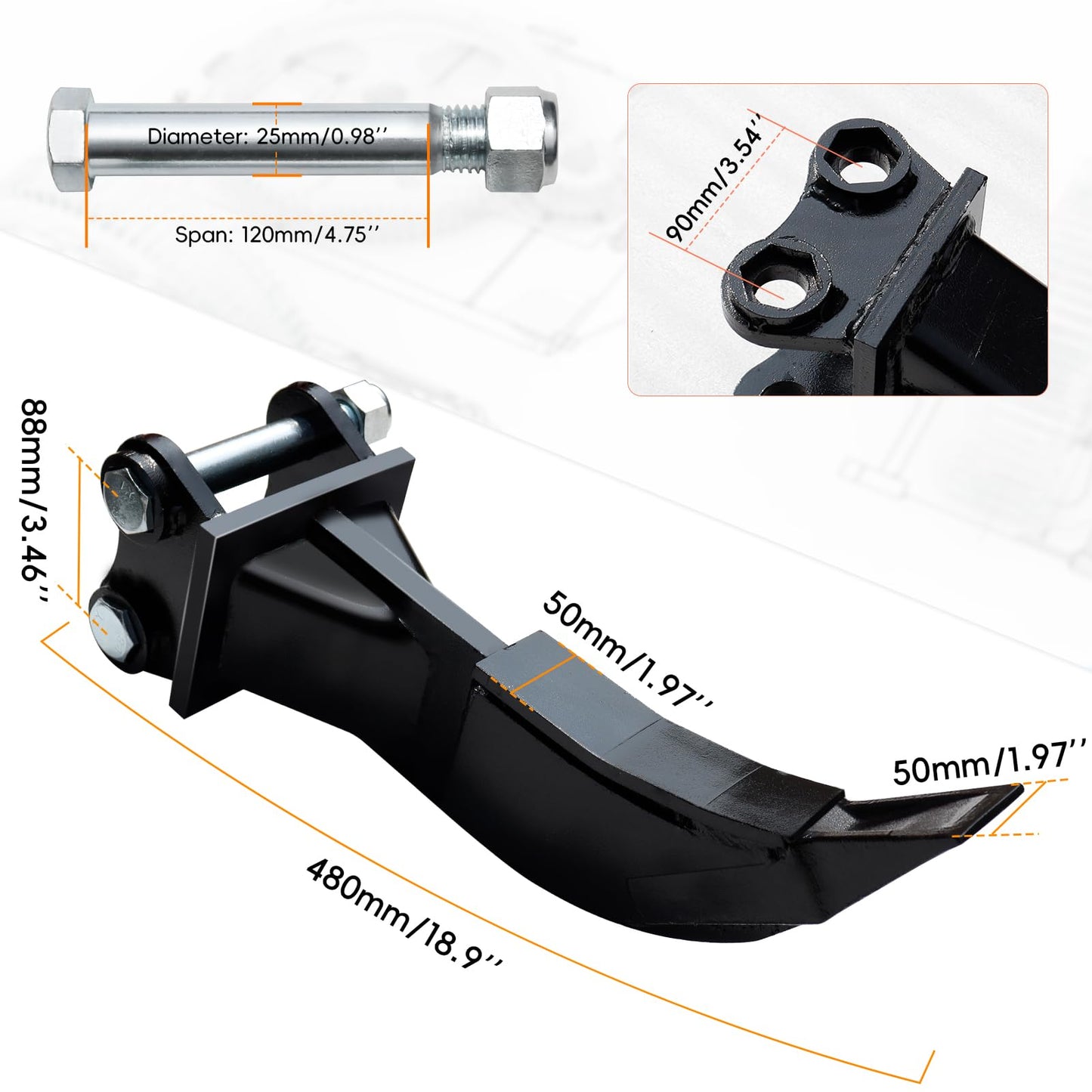 Mini Excavator Accessories Ripper, Single Hook Backhoe, Span: 3.54in,Hole Diameter: 0.98in,Center Wheelbase: 3.46in, Suitable for Mini Excavators for 1 to 1.5 Tons