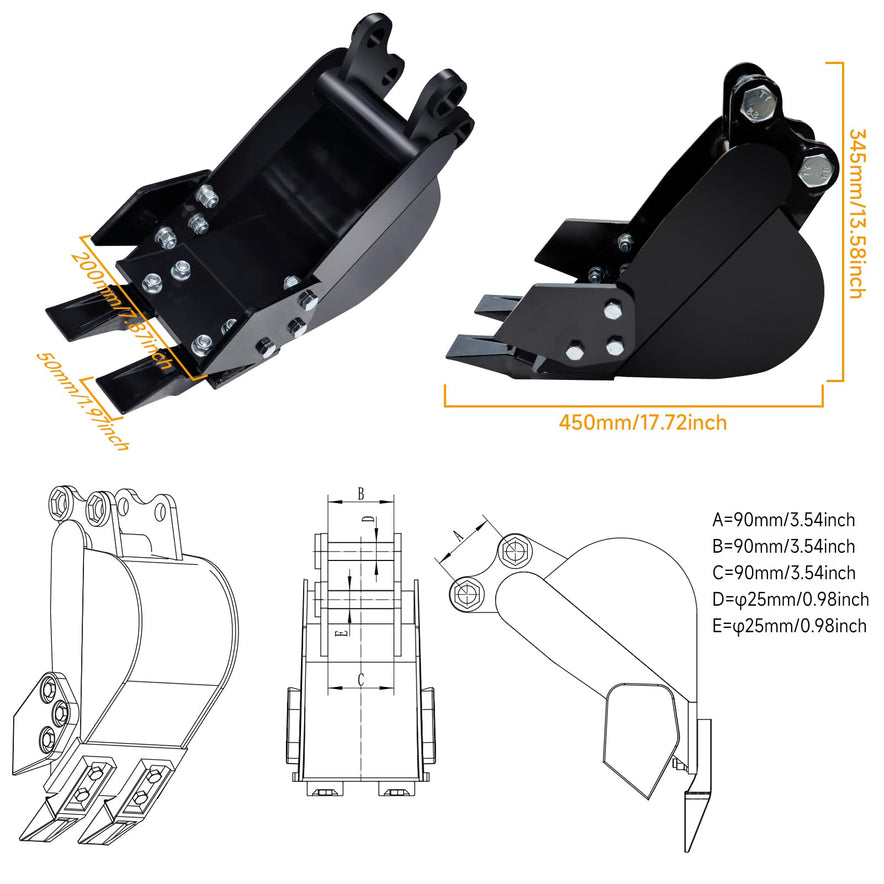 Narrow Digging Bucket 7.87in Mini Excavator Attachments, Hole Diameter 0.98in, Center Wheelbase 3.54in, Bucket Metal Trenching Digger with Metal Teeth