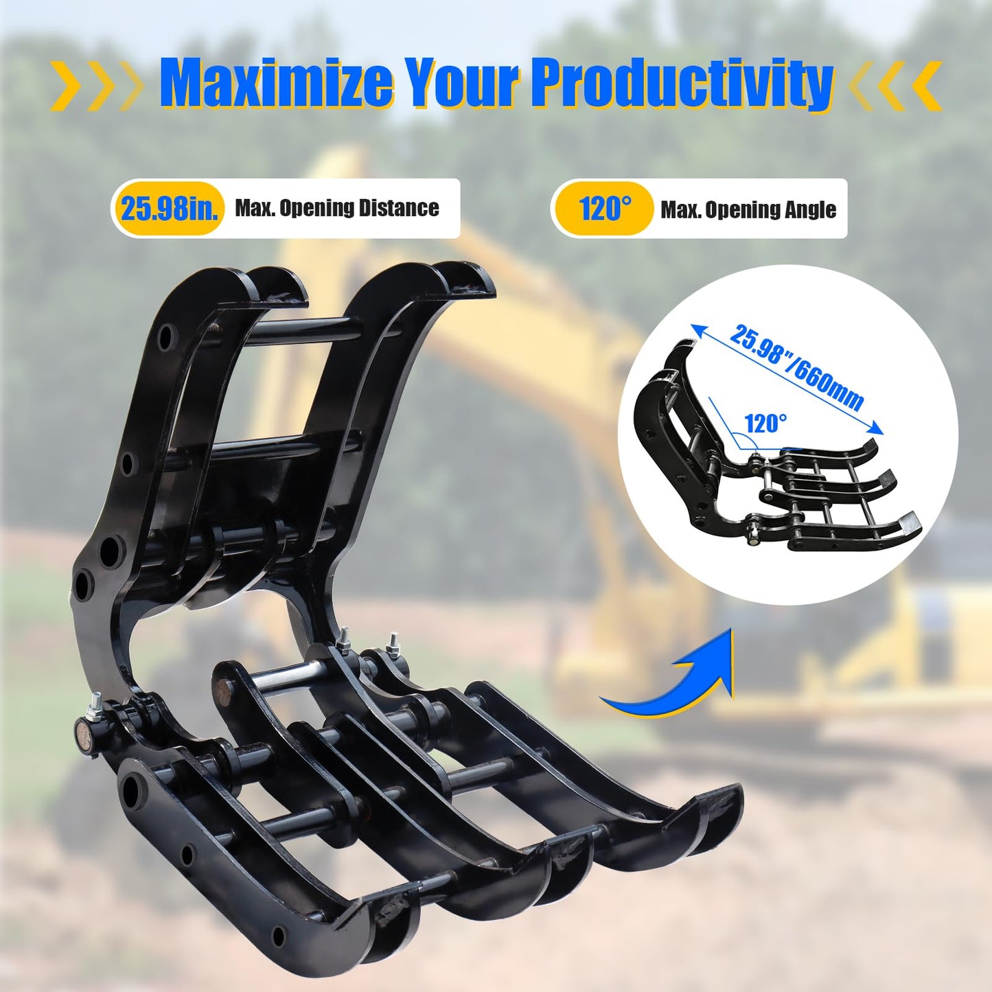 Mini Excavator Grabber Attachments, Small Excavator Wood Grabber Grapple, Metal Gripper Digger Accessories, Span: 90MM/3.54in, Hole Diameter: 25MM/0.98in, Center Wheelbase: 90MM/3.54in