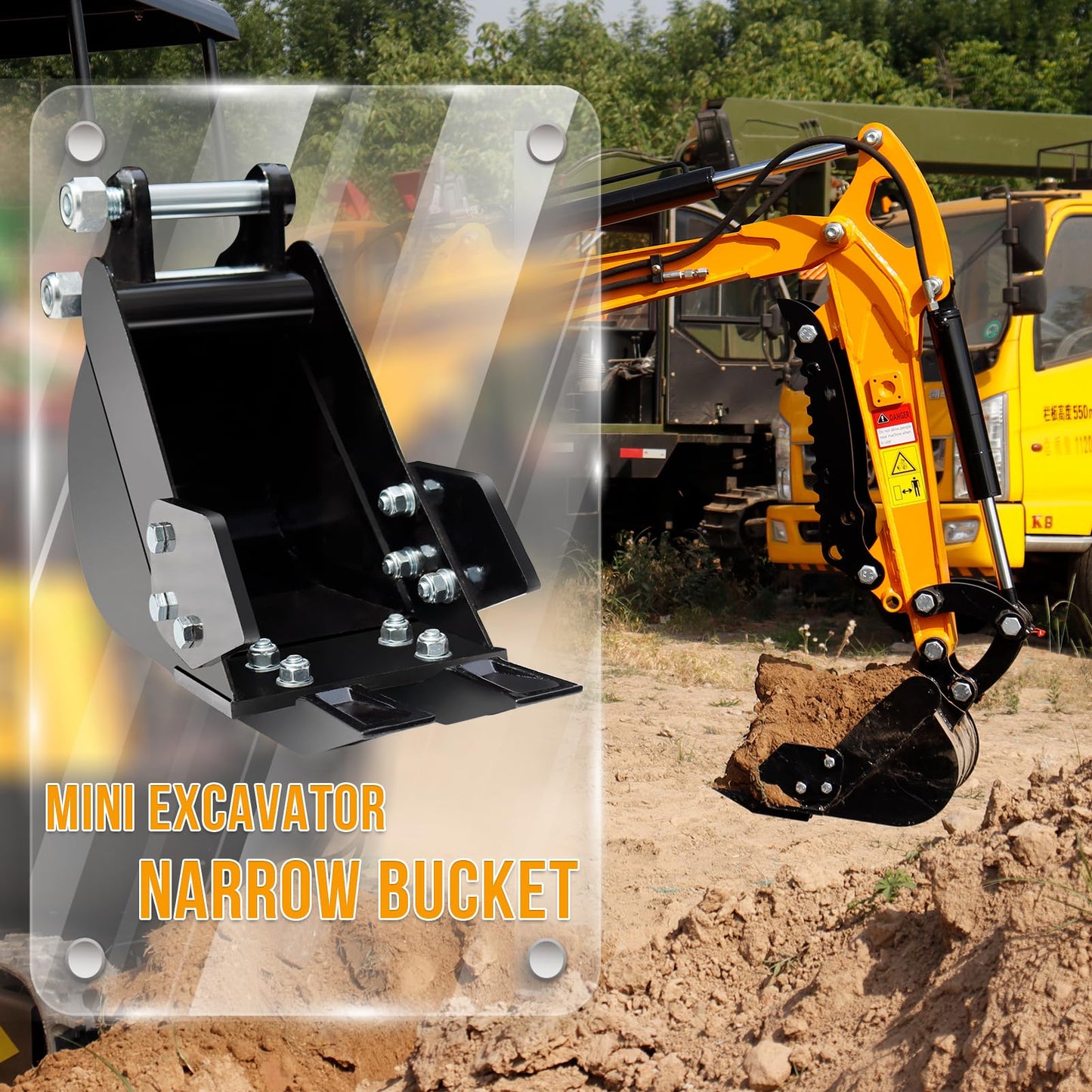 Narrow Digging Bucket 7.87in Mini Excavator Attachments, Hole Diameter 0.98in, Center Wheelbase 3.54in, Bucket Metal Trenching Digger with Metal Teeth