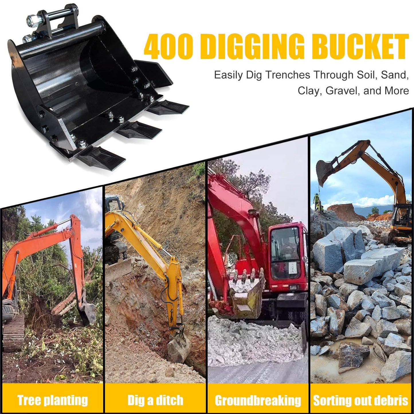 15.7"/400 mm Mini Excavator Bucket Attachment, Backhoe Digging Trenches Fit for 0.8-1.8 Tons Small Digger, Mini Excavator Bucket with Metal Teeth