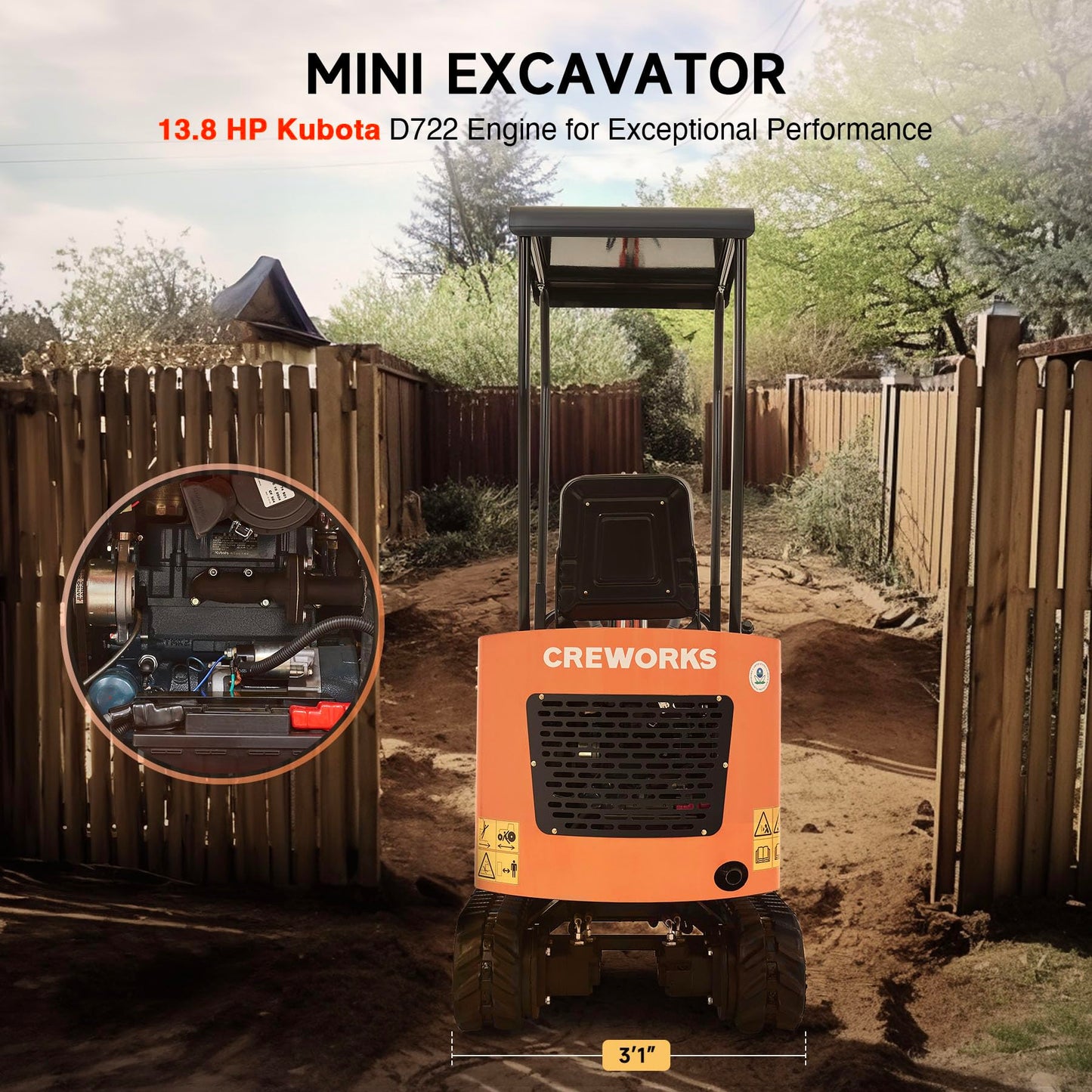 Mini Excavator with 13.8HP Kubota Diesel Engine, 1.1 Ton Mini Crawler Excavator Machine with 2698lbf Digging Force, Mini Digger for Construction Farm Garden with Adjustable Seat